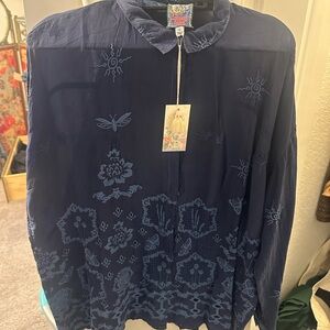 Johnny Was Navy Blue Embroidered Blouse